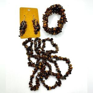 Tiger Eye chip dangle earring, bracelet and necklace bundle set!